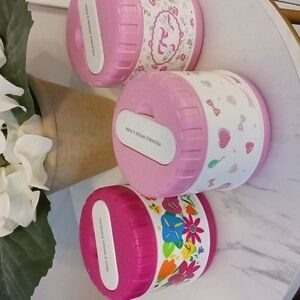 PECOWARE set of 3 snack jars w foldable Spoon and Fork pink and white kids